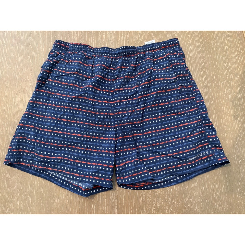 Columbia PFG Mens Medium 6" Swim Trunks Navy Fish Stars Stripes Fishing Shorts